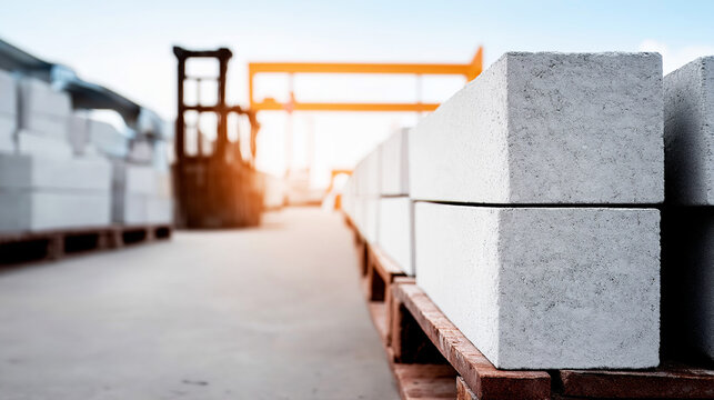 Concrete blocks stacking on wooden pallets, displaying ordered rows in construction material warehouse