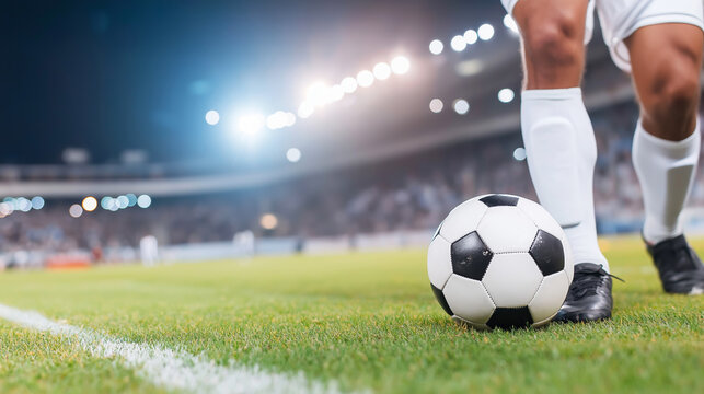 Soccer player's legs positioned next to a football on a green grass pitch, with stadium spotlights illuminating the scene