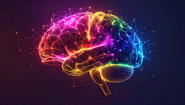 Colorful Brain Illustration: Neural Network Connections and Futuristic Technology