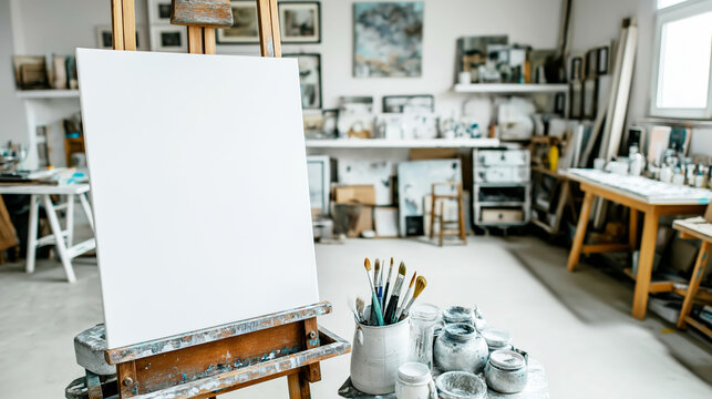 Blank white canvas on an easel, offering an empty space for new ideas in a painter's vibrant art studio