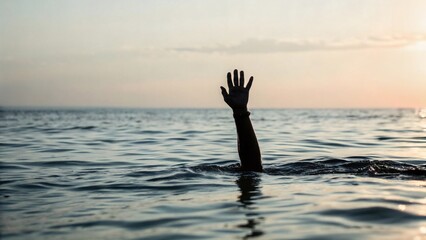Person drowning in water, arm raised desperately for help, ocean sunset