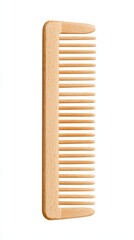 A close up of a light brown bamboo hair comb with wide spaced teeth. The comb is isolated on a clean white studio background. Its natural texture is clearly visible.