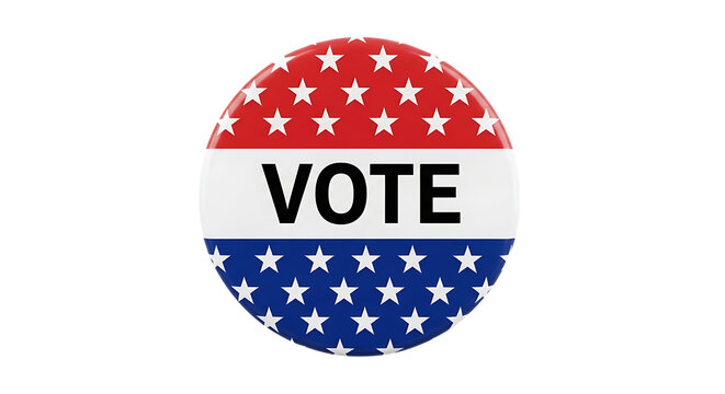 Oval shaped american flag themed vote button with stars and stripes isolated on white background