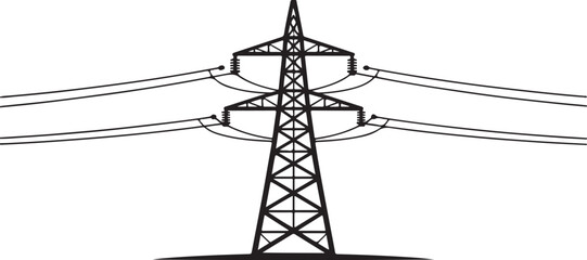 High voltage electricity pylon silhouette on white background