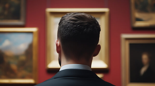 Man in suit contemplates art in gallery, lost in thought amidst the creative atmosphere. The gallery's ambiance elevates the artistic experience for the patron.
