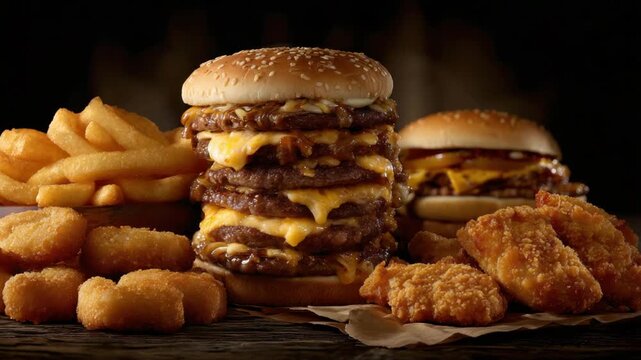 Stacked burgers, crispy fries, and nuggets on a rustic table