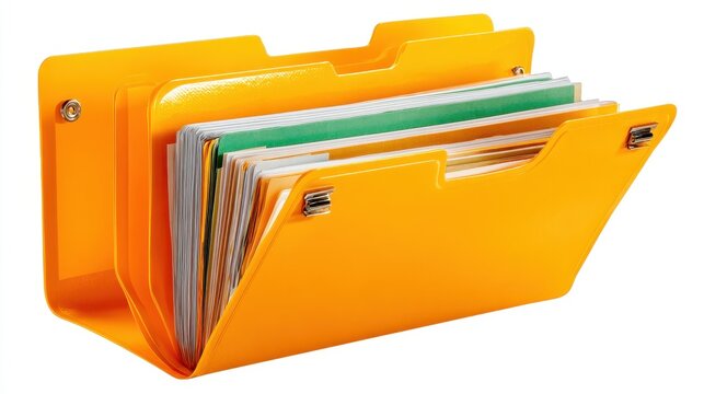 An orange expanding file folder is shown from the side. It is filled with various documents and has metal grommets to hold it together. The folder is open and its tabs are visible.