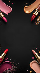 Glossy Makeup Typography Flat Lay with Glitter Swatches, Overhead Glam Palette
