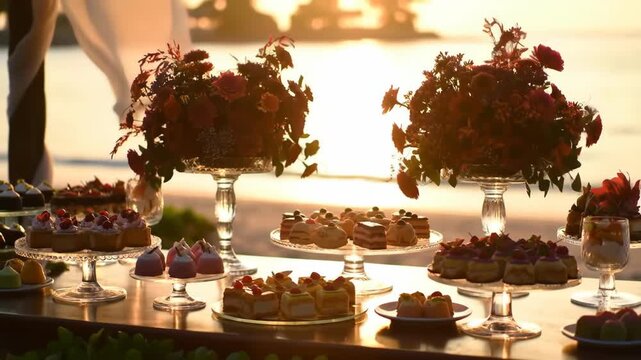 Dessert table on a beach at sunset, with floral arrangements, ideal for weddings and celebrations