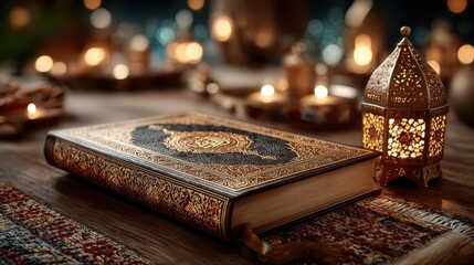 Elegant Islamic Quran with intricate details beside a glowing lantern creating a serene, peaceful ambiance