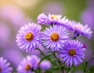 Obraz premium Close-up of vibrant purple flowers with yellow centers, blurred background, illuminated by sunlight