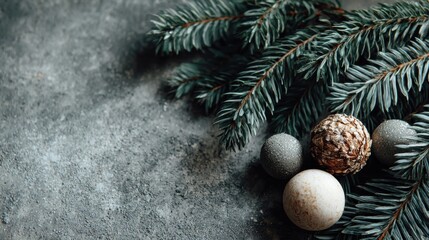 Elegant Christmas decorations with festive ornaments and evergreen branches create a beautiful holiday season mood