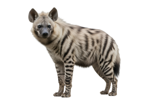 Striped Hyena, a nocturnal predator, standing gracefully and looking directly at the camera, showcasing its distinctive fur pattern, isolated on transparent background.