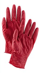 Obraz premium Close up of a pair of red latex gloves featuring a textured grip pattern on the fingers and palms. Isolated on a clean white background, showcasing protective handwear.