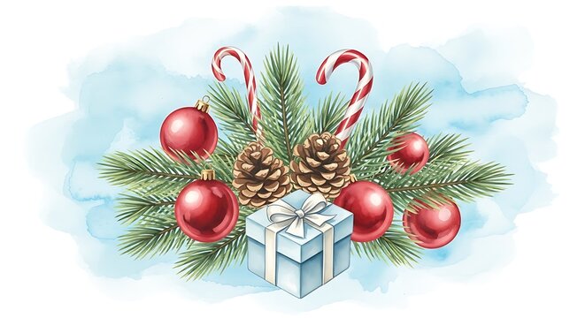 Festive christmas arrangement with ornaments pine branches candy canes and gift box for holiday spirit
