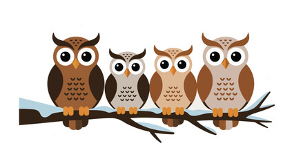 Wise Owls' Perch: Four charming owls perched on a snowy branch, exuding wisdom and curiosity, against a clean background, each with unique feather patterns, symbolize intelligence, observation.