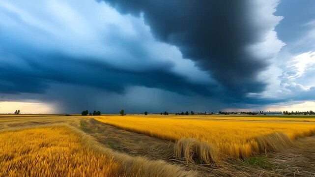 Distant thunderstorm over open field, dramatic light contrast, sublime natural power.