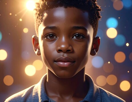 A close-up portrait of a young Black boy with a warm complexion, against a background of soft bokeh lights