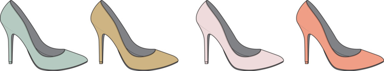 Vector illustration set of elegant women's high-heeled shoes in various soft pastel colors isolated on a white background