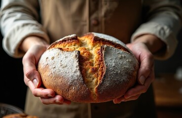 Artisan baker holds crusty bread. Freshly baked loaf shows golden crust, white flour dusting. Rustic kitchen setting enhances homemade goodness and culinary skill. Perfect for food blogs.