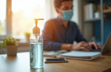 Man with face mask at home office uses laptop. Hand sanitizer in focus on table as preventive measure against virus. Remote work and social distancing concept.