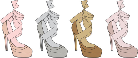 Elegant women's footwear collection featuring high-heeled shoes with ankle wrap details in four stylish color variations