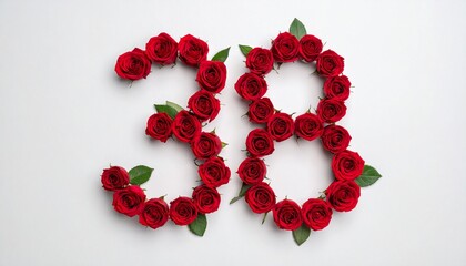 Obraz premium Number 38 made out of red roses with white background. Photo for birthday or anniversary party