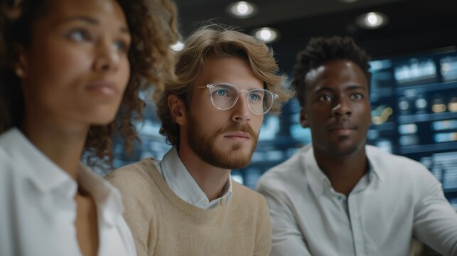 Team of marketing professionals and content creators brainstorming via holographic screens showing analytics, engagement, and creative assets, highlighting collaborative innovation, virtual