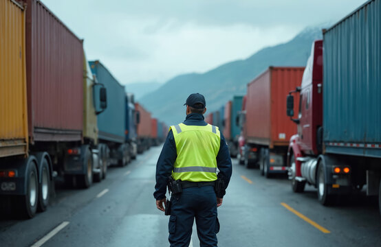Customs officer on highway border checkpoint watches long line of waiting cargo trucks. Uniformed patrol agent controls commercial vehicle traffic, freight transport. Lorries with containers await