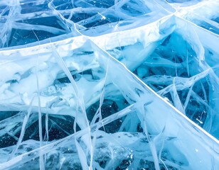 Close-up view of clear, fractured ice with light blue and white color variations