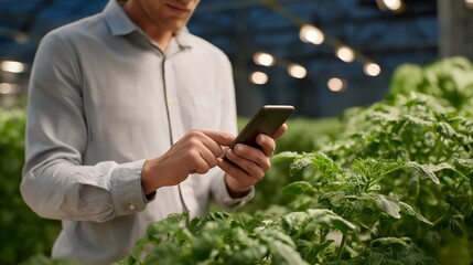 Close-up of hands adjusting nutrient levels and monitoring plant growth through smartphone app — highlighting precision agriculture, connected home systems, and plant-based sustainability