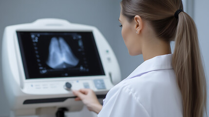 A medical professional analyzes a detailed chest X-ray on a modern diagnostic machine. The focused approach highlights the integration of technology in healthcare and patient well being.