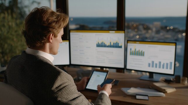 Wide-angle shot of office or home workspace with owner analyzing AI-generated customer reports on multiple devices, symbolizing technology-enabled business decisions, customer-centric operations,