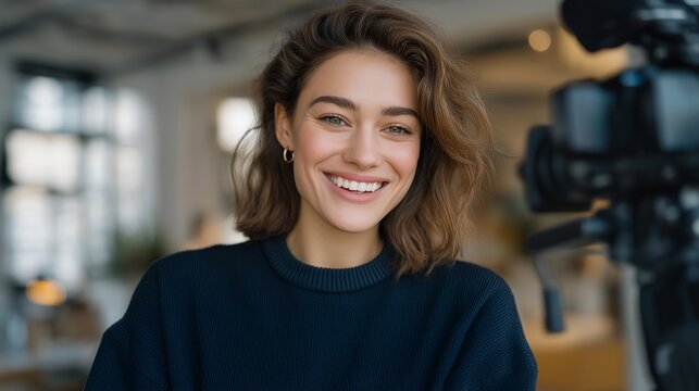 Creative video blogger recording content with professional camera setup and soft lighting, emotion of focus and enthusiasm visible, symbolizing digital storytelling, online media creation, and