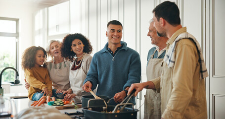 Cooking, help and big family in kitchen for lunch, supper and prepare food for bonding in home. Culinary skills, social gathering and people for meal prep, cutting vegetables and thanksgiving dinner