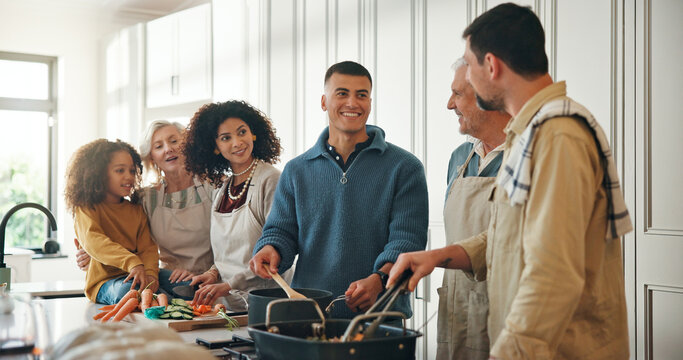 Cooking, help and big family in kitchen for lunch, supper and prepare food for bonding in home. Culinary skills, social gathering and people for meal prep, cutting vegetables and thanksgiving dinner - Powered by Adobe