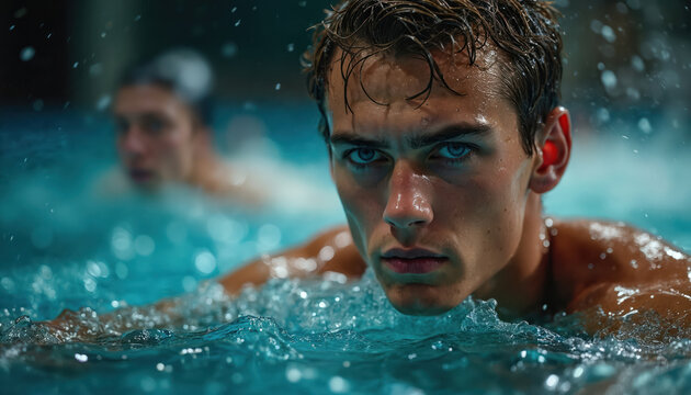 Young man swims in pool. Focused swimmer looks intensely forward, water splashes around. Athlete competes in aquatic sport with visible determination and strength.