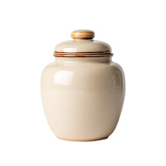Beige ceramic jar with lid, rimmed in brown