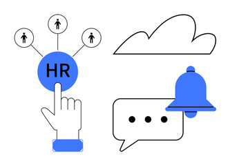 Human resources selection featuring hand pointing to HR, connected people icons, cloud, speech bubble, and bell. Ideal for HR processes, recruitment, networking, notifications collaboration