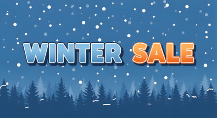 Winter Sale Background with Snowfall and Forest Illustration Showing Discount Promotion Advertisement Design for Christmas Holiday Shopping Happy New Year Festive Season Marketing Banner
