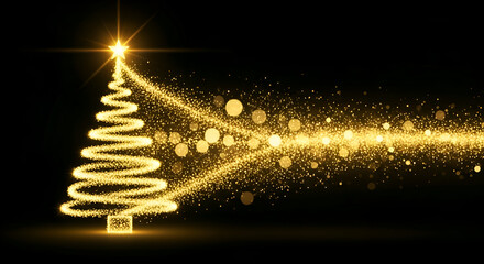 Golden Christmas Tree Made of Sparkling Light Particles with Glowing Star on Top Illustration Representing Merry Christmas Eve Celebration Festive Decoration Happy New Year Holiday Design Art
