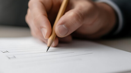 Naklejka premium Close-up of a hand holding a pencil, poised to write or fill out a form with checkboxes on a smooth white surface. The image highlights precision and focus.