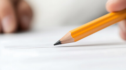 A hand holds a freshly sharpened pencil, poised to begin writing. The yellow pencil with its graphite tip is gently touching a stark white sheet of paper. The line is drawn smoothly.
