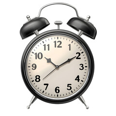 Vintage twin bell alarm clock with striking black metal casing and classic white dial face showing precise time, perfect for retro decor or morning reminders.