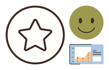 Star symbol, green happy face, and upward-trending graph illustrate achievement, satisfaction, and progress. Ideal for motivation, success, growth, analytics feedback positivity business concepts