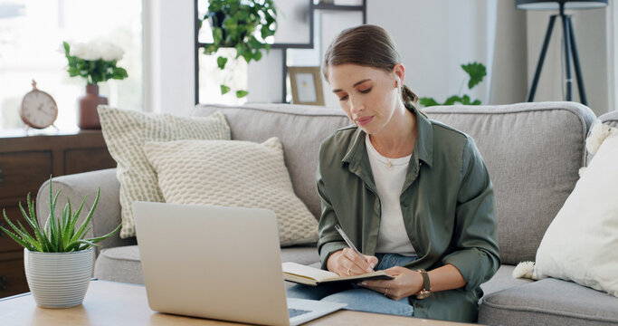 Notebook, laptop and businesswoman in home with remote work for finance report with budget. Computer, writing and female financial freelancer with information for investment deal online in apartment