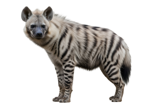 Striped Hyena, a nocturnal predator, standing gracefully and looking directly at the camera, showcasing its distinctive fur pattern, isolated on transparent background.