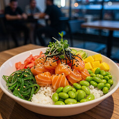Vibrant salmon poke bowl bursting with fresh ingredients offers a healthy and delicious meal choice