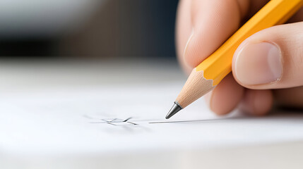 Focused hand drawing precise lines on white paper with a yellow pencil. The image captures the essence of creativity, precision, and the power of simple tools.