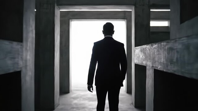 Silhouette of man in suit walking through corridor with light at the end, business concept